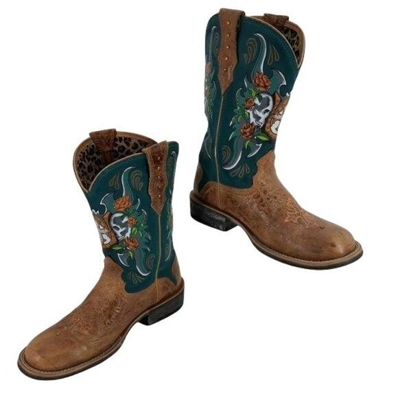 Ariat Rodeo Day Of The Dead Skull Rose Cowboy Boots Tan Turquoise Sz 8.5 - Picture 1 of 12